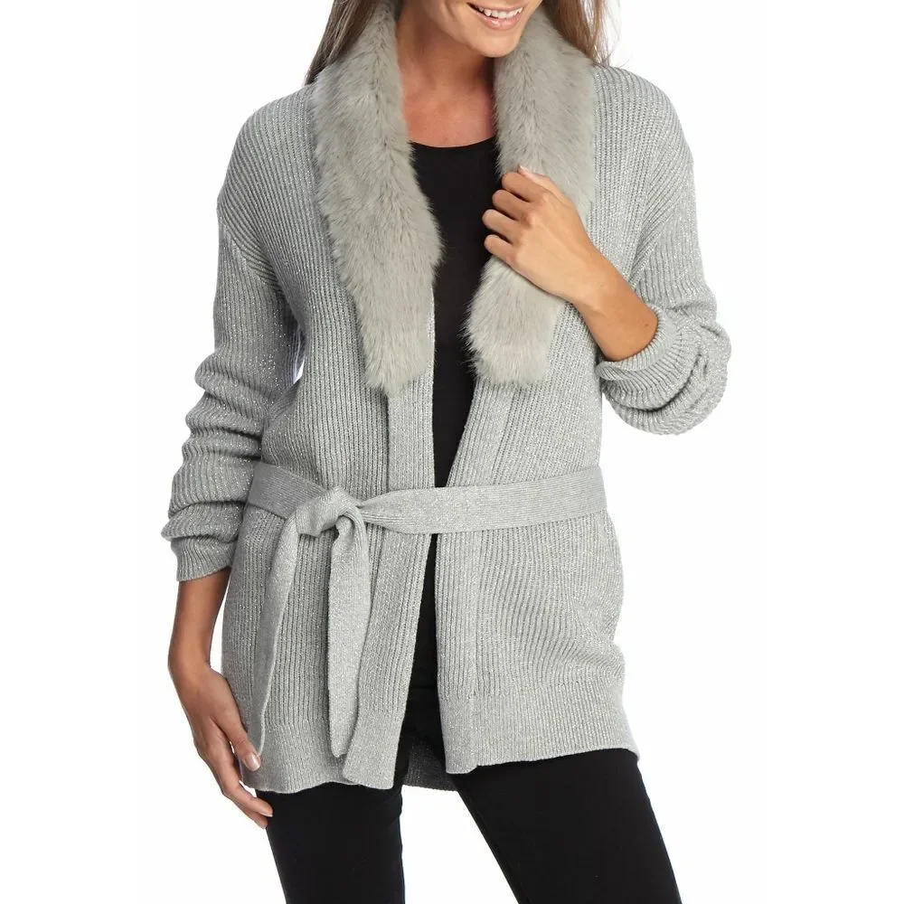 New! MICHAEL KORS Women's Faux-Fur Trim Belted Lurex Cardigan Sweater Size MED